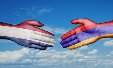 Armenia and Netherlands country handshaking with flags, consensus concept international co-operation illustration