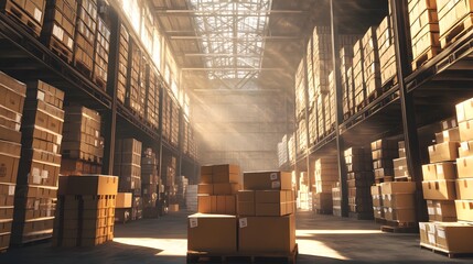 Shot of a large warehouse with neatly stacked boxes and pallets filled with goods, creating an atmosphere that evokes the essence of modern storage technology