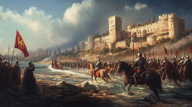 A medieval army on horseback charges towards a fortified castle on a coastline.