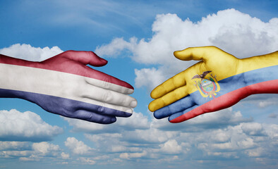 Ecuador and Netherlands country handshaking with flags, consensus concept international co-operation illustration