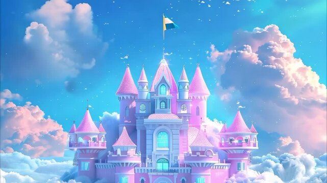 A whimsical castle with pink turrets and flags, surrounded by fluffy clouds under a blue sky.