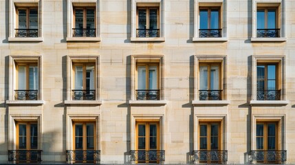 Fototapeta premium Modern Parisian building facade, minimalist design, full wall with windows and doors, sunny afternoon light, serene atmosphere, no people around.