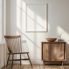 A cozy interior featuring a wooden chair on a hardwood floor