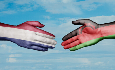 Malawi and Netherlands country handshaking with flags, consensus concept international co-operation illustration