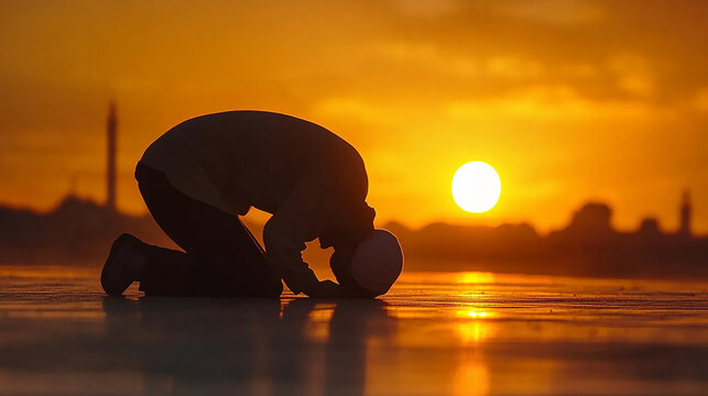 A Muslim man kneeling in prayer with the sunset in the background.