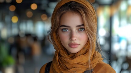 Fototapeta premium Beautiful Young Woman with Blonde Hair and Green Eyes Wearing a Scarf