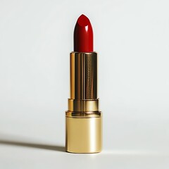 Red lipstick with elegant golden casing on a white isolated background.