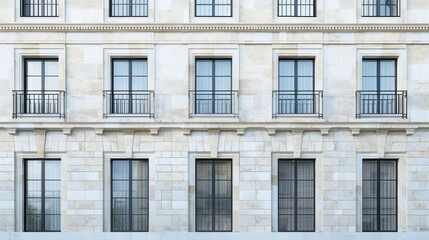 Fototapeta premium Modern Parisian building facade, minimalist design, full wall with windows and doors, sunny afternoon, tranquil atmosphere, no people around.
