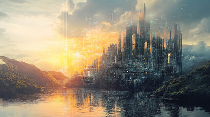 Naklejka premium A futuristic digital landscape requires predictive systems data analysis and intelligent visualization to assess and mitigate potential risks