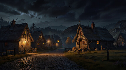 Obraz premium Spooky Night Sky Over Quaint Village with Broomsticks