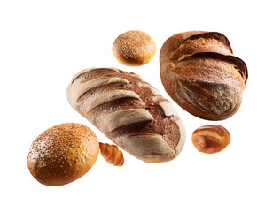 Assorted bread floating isolated on a transparent background