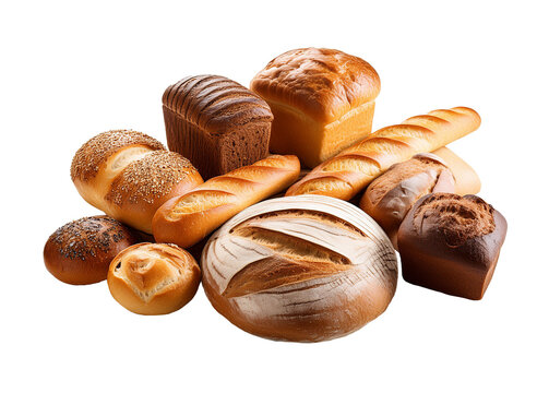 A bunch of different bread on a transparent background