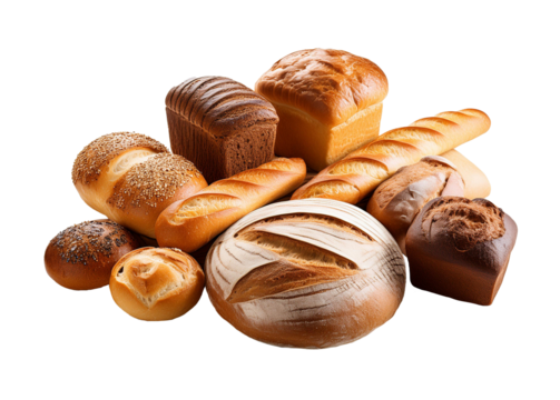 A bunch of different bread on a transparent background
