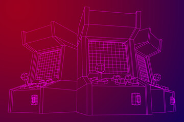 Arcade retro game machine. Wireframe low poly mesh vector illustration.
