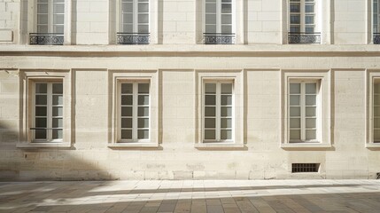 Modern Parisian building, minimalist architecture, facing a wall with windows and doors, sunny afternoon, peaceful atmosphere, no people.