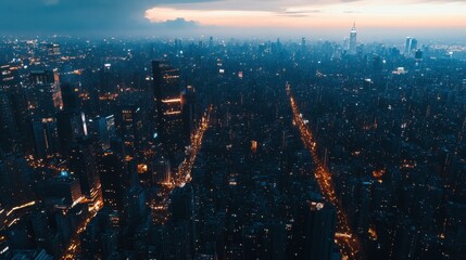 Aerial panorama of a large metropolis at twilight, with city lights starting to glow against the fading daylight.