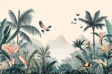 Vintage generative AI jungle and leaves tropical forest birds wallpaper