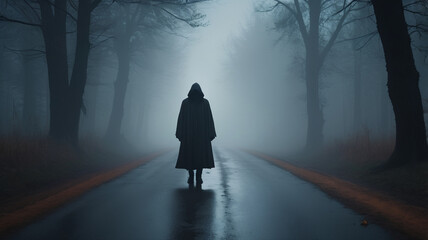 Dark Shadowy Figure Standing Motionless in Fog