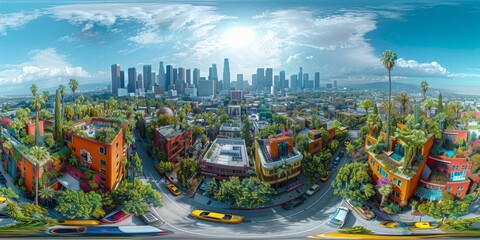 An immersive 360-degree equirectangular panorama of Los Angeles in the future, with electric vehicles dominating the streets, renewable