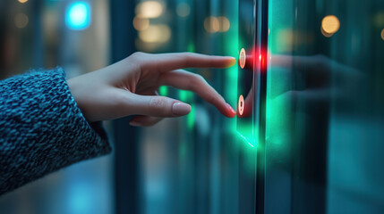 womans finger pressing elevator button, illuminated by green and red lights