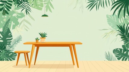 Bamboo dining table with eco-friendly accents, sustainable lifestyle, flat design illustration