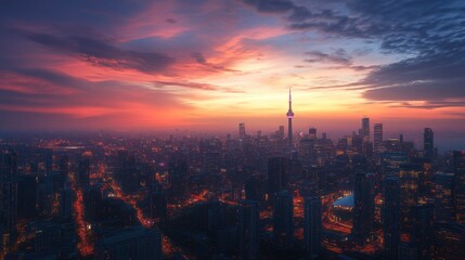 Fototapeta premium Aerial panorama of a large metropolis at twilight, with city lights starting to glow against the fading daylight.
