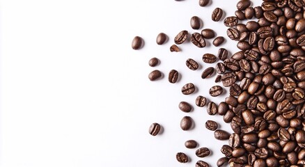Fresh roasted organic coffee beans on white background.Top view.AI Generative.