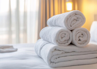 Stack of new white bath towels on bed in hotel room waiting for new guests.Macro.AI Generative.
