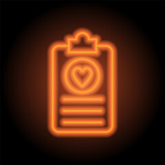Medical history, heart simple icon vector. Flat design. Orange neon on black background