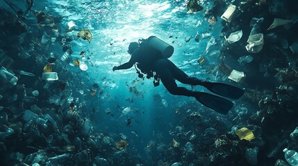 Diver swims through a sea of plastic pollution, highlighting the environmental crisis.