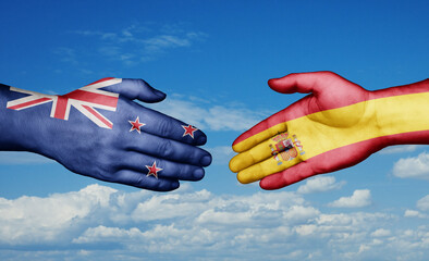Spain and New Zealand country handshaking with flags, consensus concept international co-operation illustration