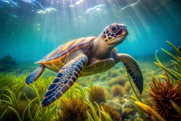 Obraz premium Close-up of sea turtle swimming underwater with coral and sunlight