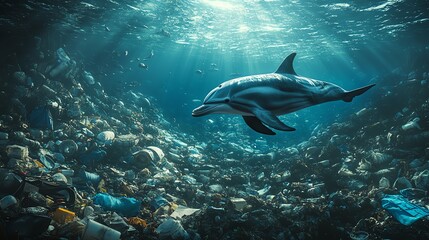 Naklejka premium A dolphin swims through a sea of plastic pollution, highlighting the environmental impact of plastic waste.