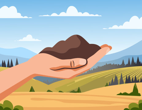 The fertile soil in the hands of a farmer is suitable for cultivation.
