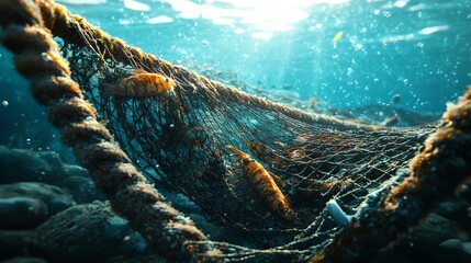Naklejka premium A sunken fishing net trapping sea creatures, marine entanglement caused by ocean pollution, environmental awareness