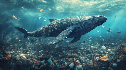 Fototapeta premium Humpback whale swimming in a sea of plastic pollution, symbolizing ocean pollution.