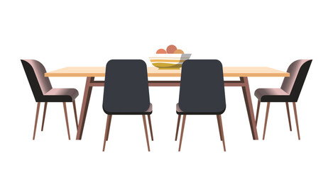 Kitchen furniture. Dining table with plate of fruit and chairs. Flat vector illustration. Not AI generated