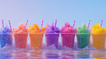 Panoramic still life of ice cream slush frozen colorful frozen fruit granita drinks flowing into...