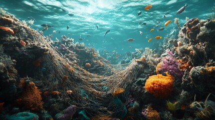 Vibrant underwater scene with colorful coral reef and fish.