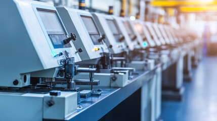High tech CNC machines lined up in modern manufacturing facility, showcasing precision engineering and advanced technology. machines are designed for accurate cutting and shaping