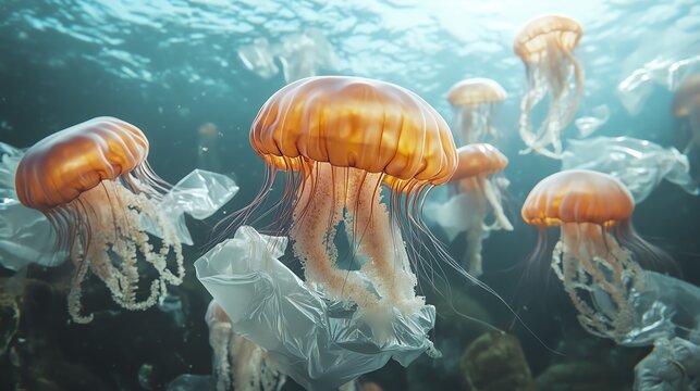 A group of jellyfish swim amongst plastic debris in the ocean.