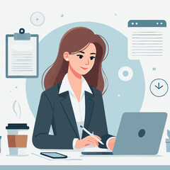 businesswoman do task on a laptop in a flat illustration