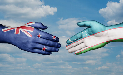 Republic of Uzbekistan and New Zealand country handshaking with flags, consensus concept international co-operation illustration