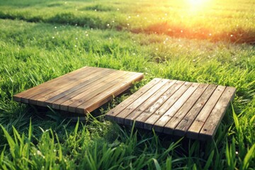 Fototapeta premium Wooden planks on a grassy field at sunrise.