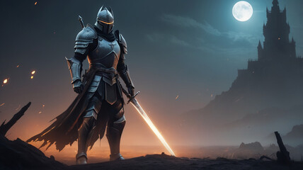 Naklejka premium Ghostly Knight with Glowing Sword at Dusk