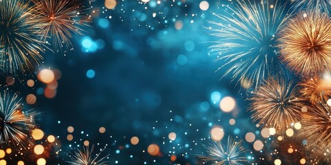 Fototapeta premium Festive Fireworks Display on Dark Blue Sky