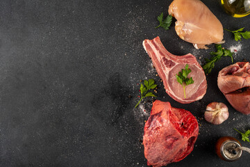 Protein carnivore diet, animal protein different sources - raw meat, liver, chicken, offals, heart,...