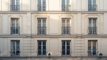 Fototapeta premium Modern Parisian building, minimalist facade, complete wall with windows and doors, sunny afternoon, peaceful atmosphere, no people around.
