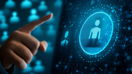 A concept illustrating HR hiring and recruitment, with a businessman pointing to a candidate on a digital screen. This symbolizes the job search process, where business leadership and technology conve