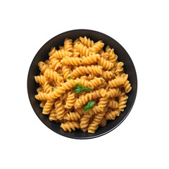 Cooked fusilli pasta in a black bowl png background